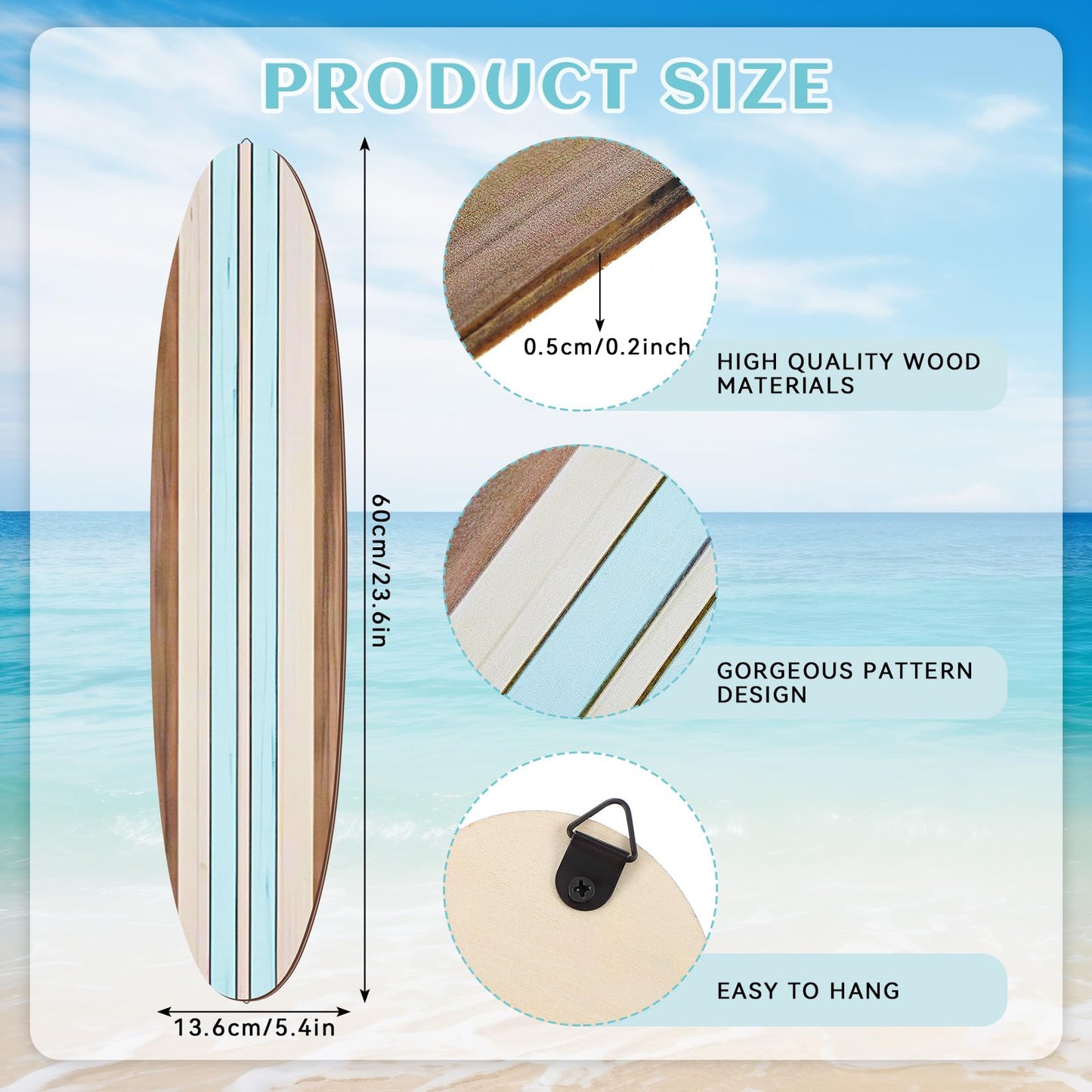 Gerrii 3 Pieces Surfboard Wall Decor 23.6" x 5.4" Preppy Beach Room Decor Aesthetic Large Wooden Cute Beachy Tropical Wall Art for Surfer Bedroom Bathroom Decorations(Blue,Stripe)