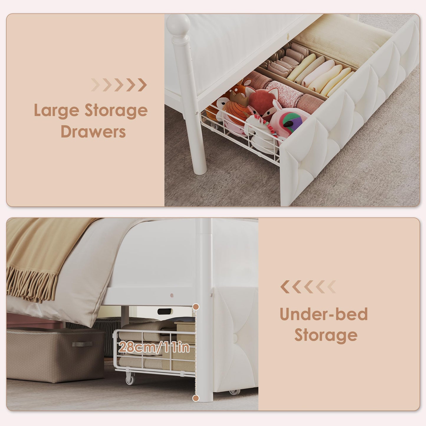 Keyluv Twin Size Upholstered LED Canopy Bed Frame with Charging Station and Drawer, Button Tufted Crown Headboard with Storage Shelf, Two-Purpose Removable Four Poster Design Platform Bed, Beige