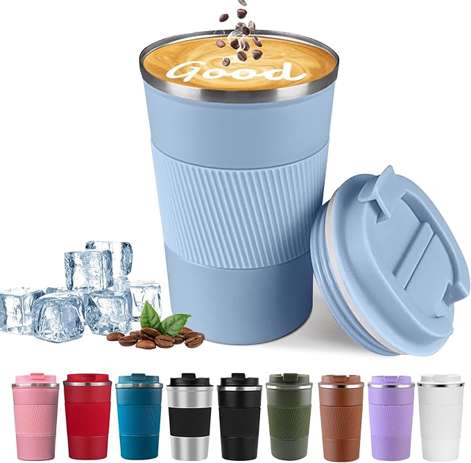 YINBAOGE Insulated Travel Coffee Mug, Spill & Leak Proof, Portable To Go Camping Stainless Steel Coffee Tumbler, Reusable Thermal Coffee Cup with Lid for Hot & Cold Drinks (Light blue, 17 OZ)