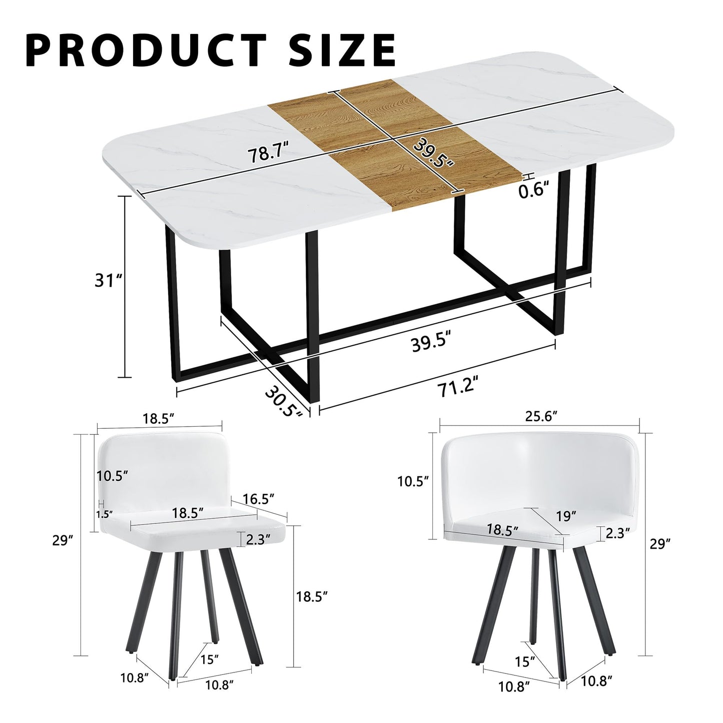 KEIKI 79" Dining Table Set for 8, Rectangular Kitchen Table Set with White Faux Marble & Wood Grain Top, Modern Dining Room Set with 8 White Faux Leather Chairs, Large Family Dining Table Furniture