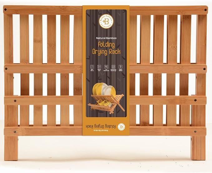 Bambüsi Dish Drying Rack - Collapsible Bamboo 2 Tier Foldable Wooden Dish Drainer for Countertop, Plates Cups Bowls Utensils - Eco Friendly Folding Bamboo Dish Rack for Kitchen Apartment RV Home Small