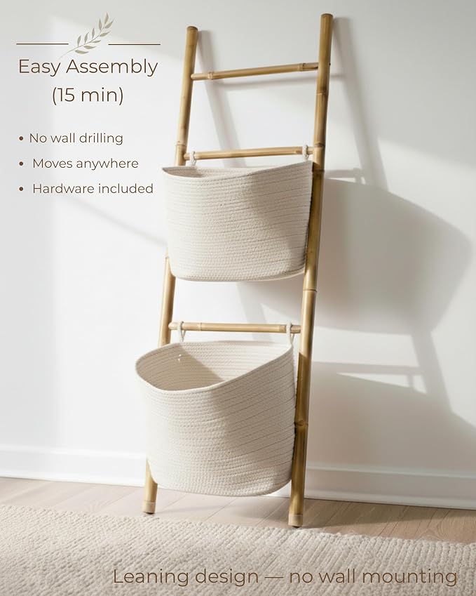 Bamboo Blanket Ladder with 2 Woven Storage Baskets, Handcrafted 55in Decorative Ladder for Blankets, Leaning Blanket Holder for Living Room, Towel Ladder for Bathroom & Quilt Display Rack