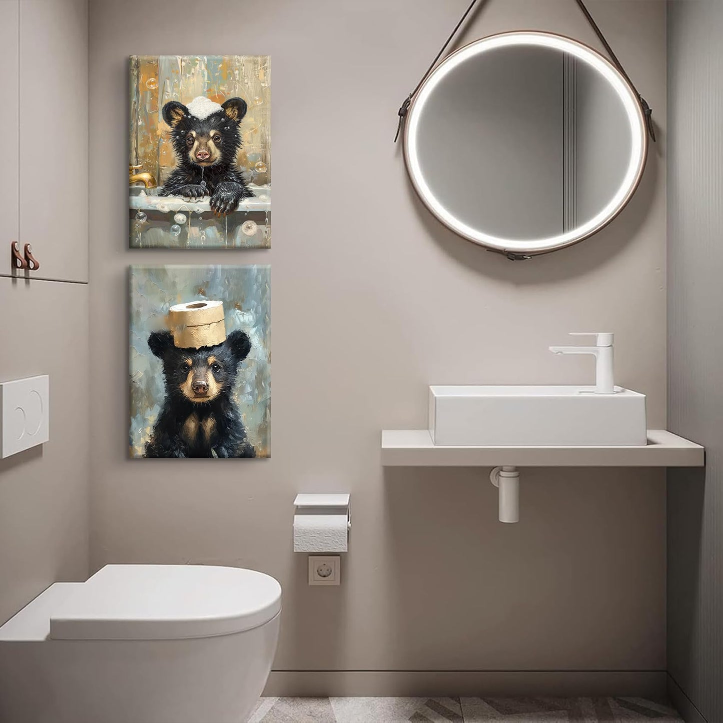 BHSUUHIT 2 Pcs Bear Bathroom Wall Art Funny Bathroom Animal Pictures Prints Black Bear With Paper Wall Decor Sitting in Bathtub Canvas Cute Humorous Posters Ready to Hang Home Decor(12x16in Canvas)