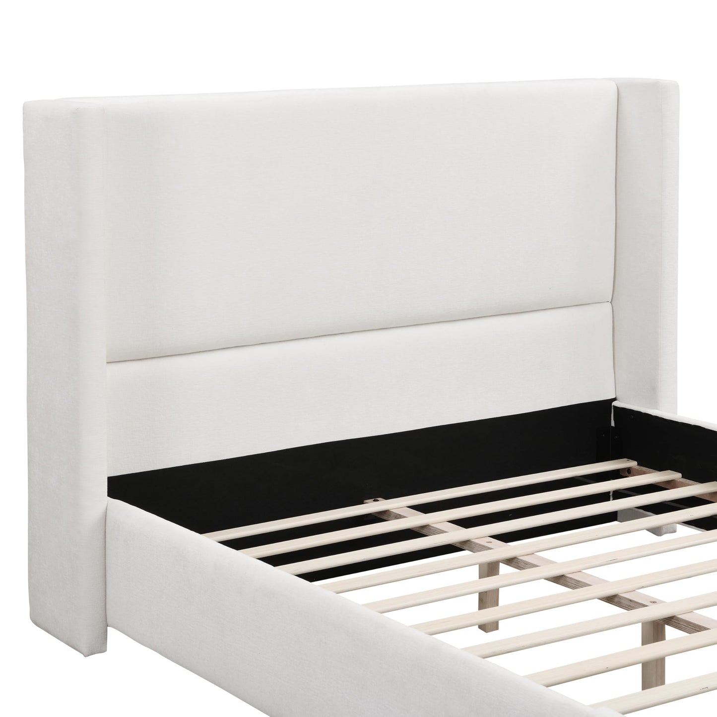 Merax Queen Size Bed Frame, Elegant White Upholstered Platform Bed with 41.1" Tall Wingback Headboard for Bedroom, Solid Wood Slats Support, No Box Spring Needed, Easy Assembly