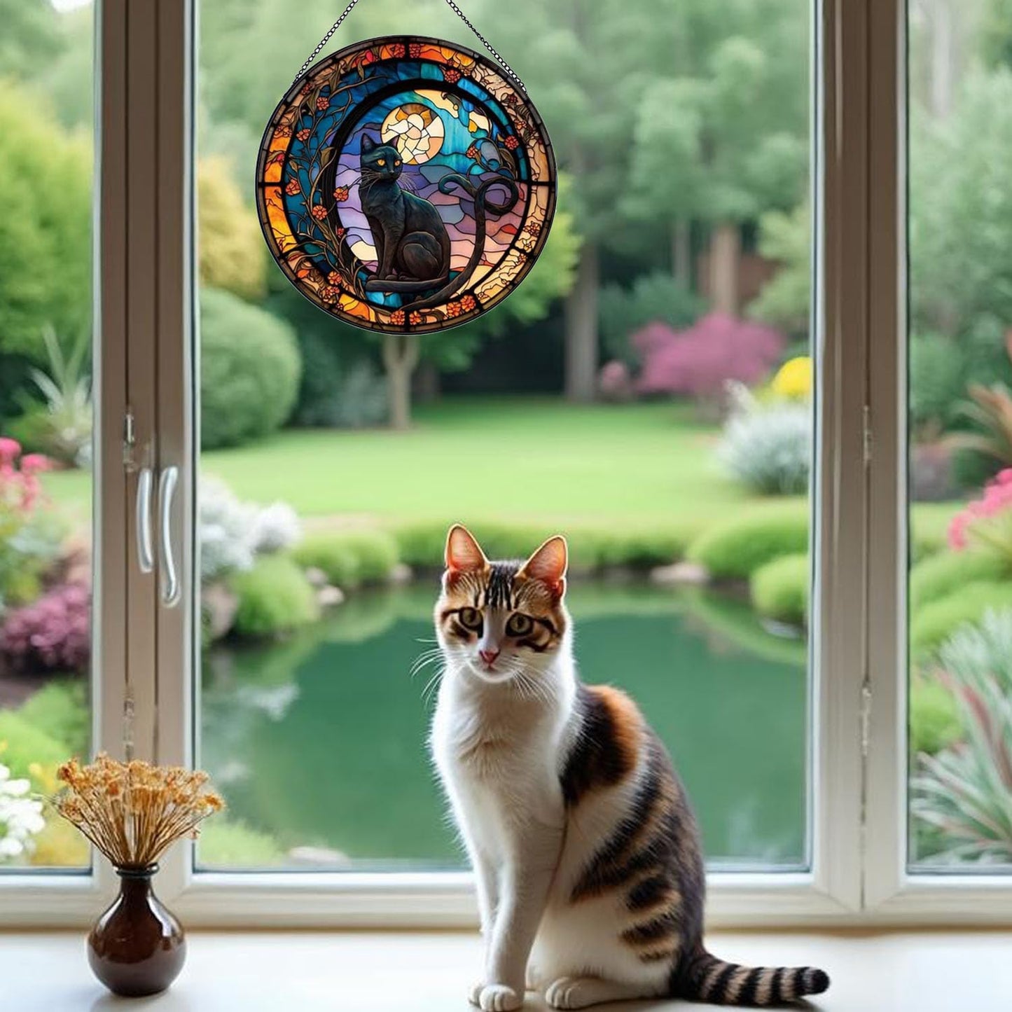 JZZNNFEZN Black Cat Stained Glass Window Hanging,7.87’’ Stained Glass Suncatcher for Window for Cat Lovers,Hanging Ornaments Round Women Gifts for Family Friends, Housewarming Gift (A Style)