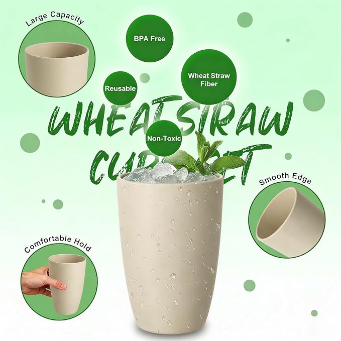 Wheat Straw Unbreakable Cups, Large Cups 20 OZ Set of 6, Alternative to Plastic Cups Reusable, Dishwasher Safe Tumblers & Water Glasses for Kitchen, Parties, Camping, RV, Beige