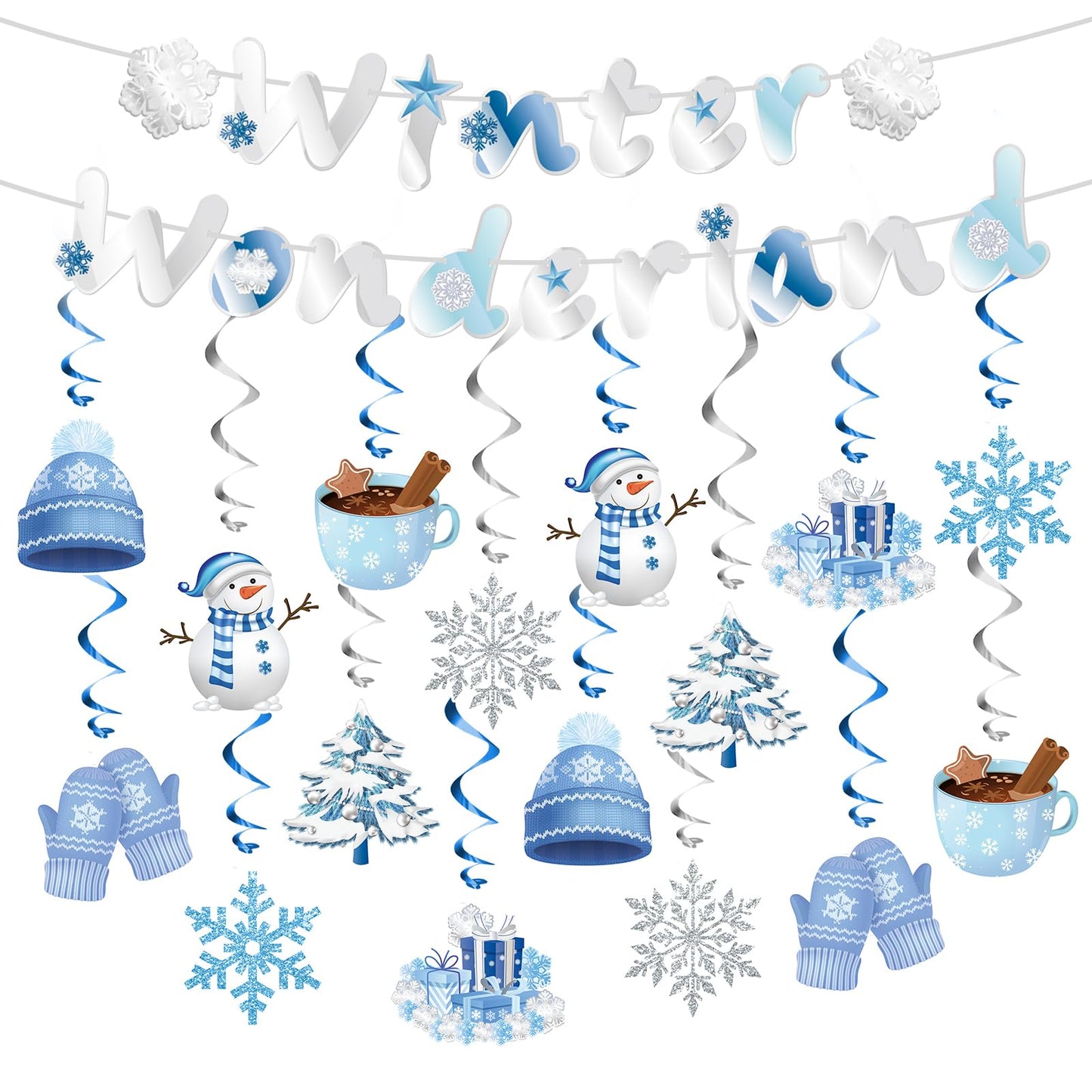 WEEPA 18 Pcs Winter Wonderland Decorations Snowman Snowflake Hanging Swirls Winter Party Banner Set Blue Silver Christmas Decorations