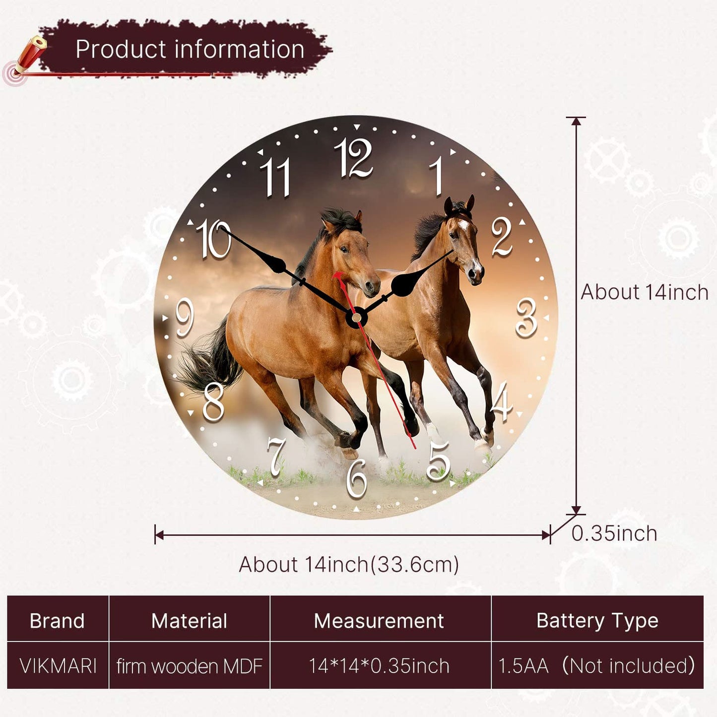 VIKMARI Wall Clock Silent Non Ticking - 14 Inch Running Horse Pattern Kitchen Wall Clock Quality Quartz Battery Operated Round Wall Clocks for Home/Office/Classroom/School