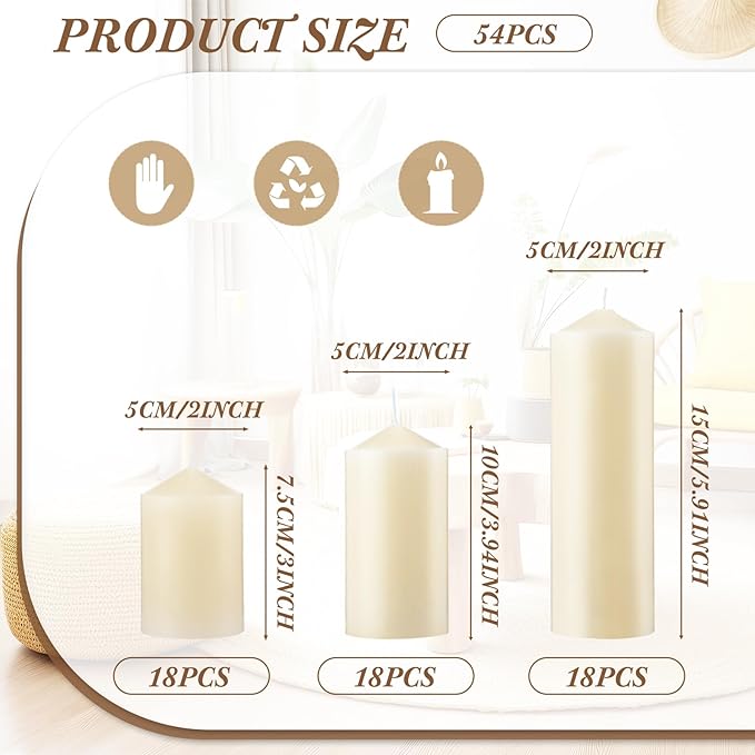 MTLEE Set of 54 Ivory Dripless Pillar Candles Unscented Candles Bulk Smokeless Fireplace Assorted Size for Home Wedding Birthday Dinner Holiday Party Decoration 2'' x 3'', 2'' x 4'', 2'' x 6''
