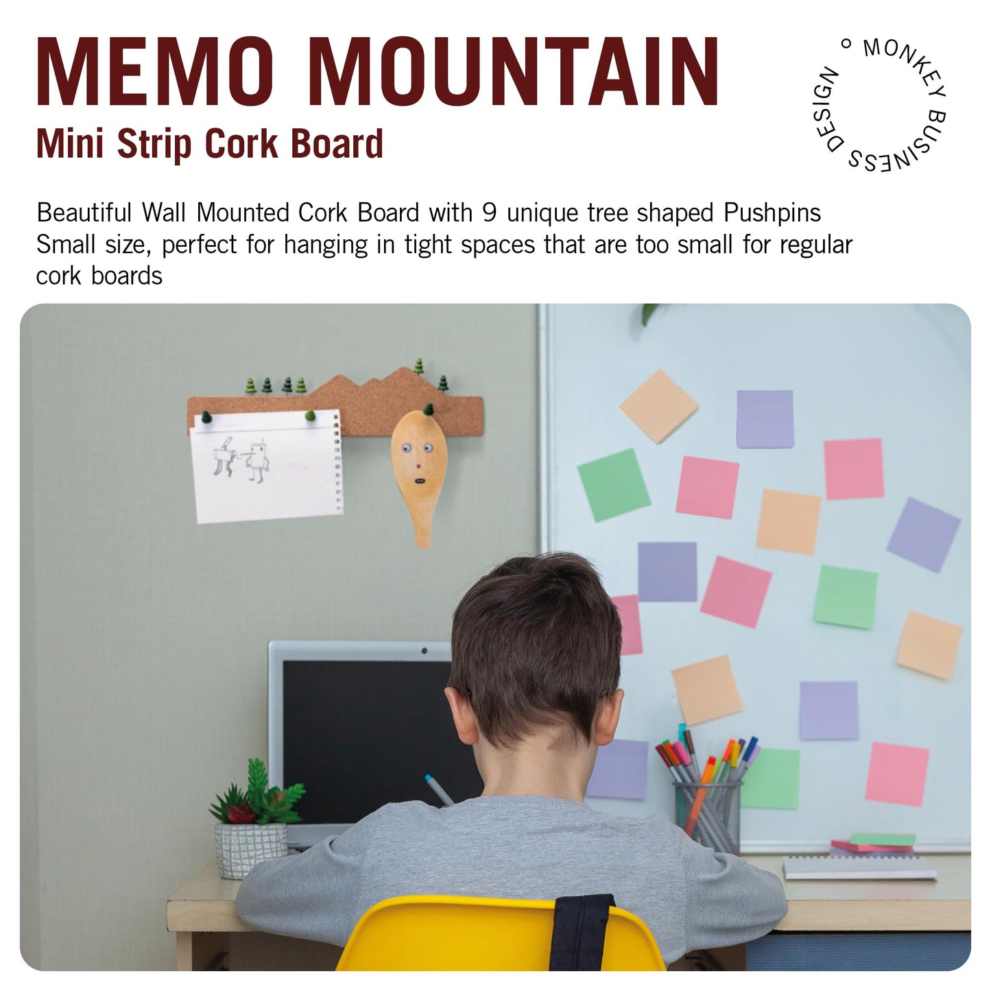 Monkey Business Memo Mountain Cork Board Strip - Corkboard Pin Board with Mountain Scene Pushpins, Office Accessories, Cute Cork Boards for Walls