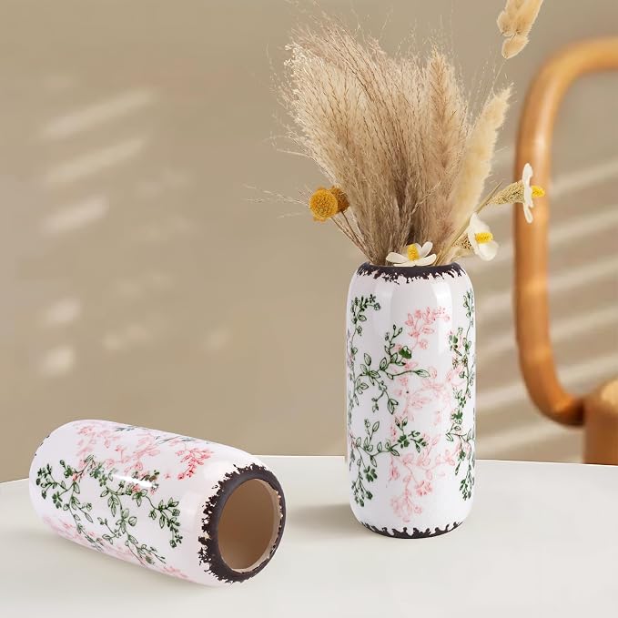 Ceramic Vase for Flowers – Modern Small Ribbed Textured Flower Vase for Home Decor, Pampas Grass, Decorative, Farmhouse, Coffee Table, Kitchen Centerpieces, Bookshelf and Home Living (Green and Beige)