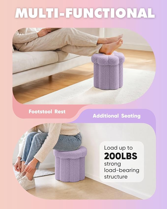 B FSOBEIIALEO Storage Ottoman Foldable, Sunflower Shaped Small Footrest Collapsible Folding Seat Bench for Bedroom Living Room Entryway, Faux Teddy Fur, Purple 12.6"x12.6"x11.4"