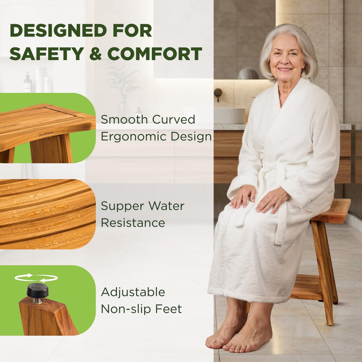 GREENTEAK Premium 18" Teak Wood Shower Bench, Waterproof Teak Shower Stool, Non-Slip Feet for Enhanced Safety, Spa Bath Seat for Bathroom, Indoor & Outdoor Use, 300 lb (Upgrade 18" 2-Tier, Straight)