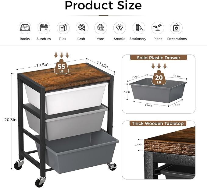Rolling Cart with 3 Drawers, Plastic Drawer Storage Carts with Lockable Wheels & Wooden Tabletop, Metal Art Craft Utility Cart Organizer for Home Office Bedroom Dorm Bedside Classroom, Dark Gray