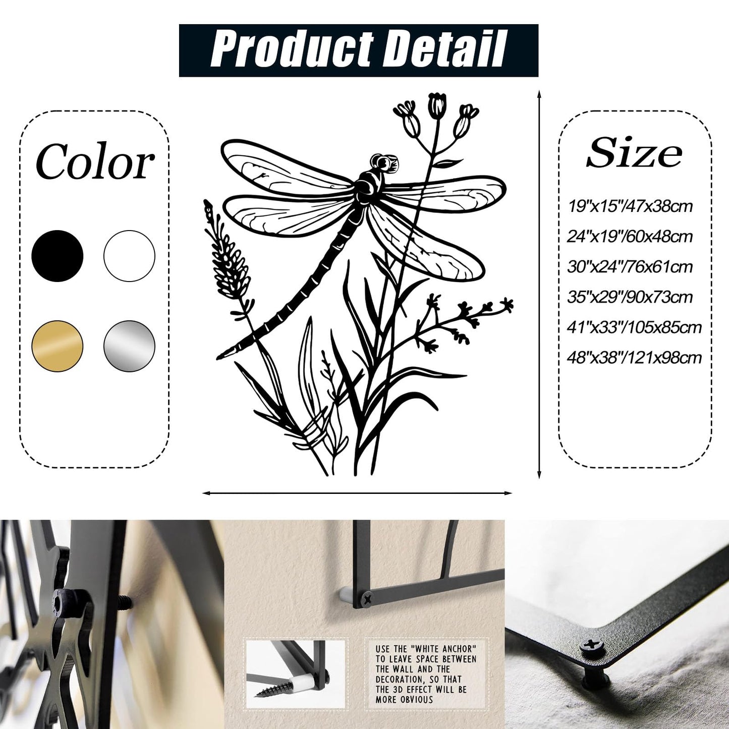 Dragonfly Metal Wall Art, Dragonfly and Flower Metal Wall Decor, Insects Wall Art, Large Dragonflies Wall Hanging, Wild Flower Wall Sculpture, Rustic Farmhouse Decorations (Black, 19"x15"/47x38cm)