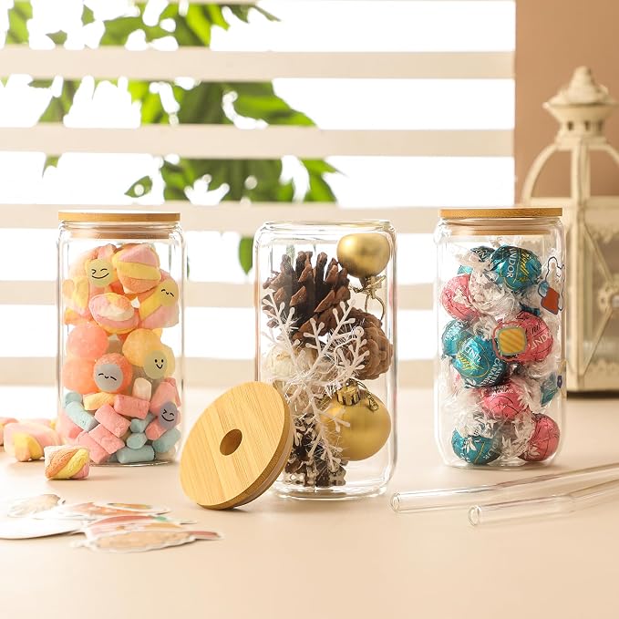 16 Pack Glass Cups with Lids and Straws 16 oz, Personalized Customizable Glasses for Gift, Business, Drinking glasses set, Iced Coffee Cup, Cute Aesthetics Tumbler for Tea, Homemade Drinks
