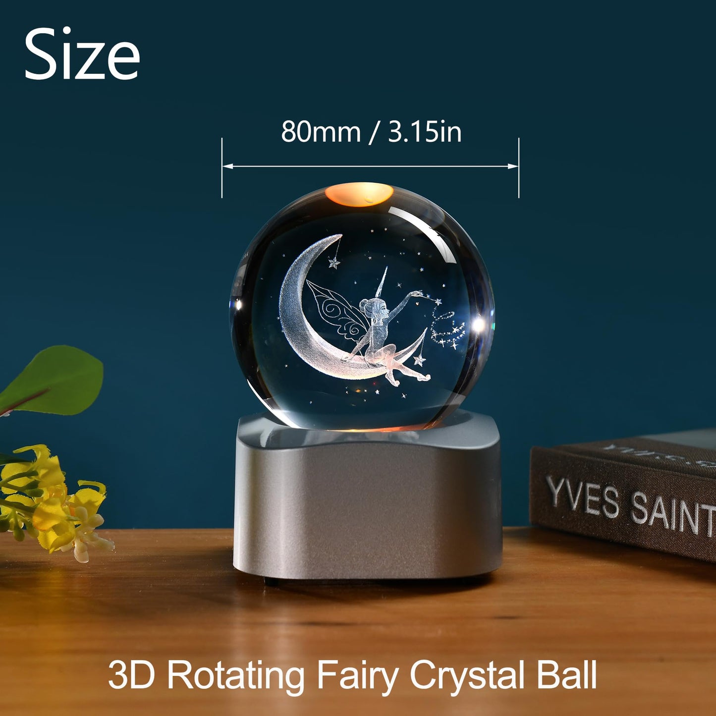 IFOLAINA 3D Fairy Crystal Ball with Rotating Lighted Stand Moon Fairy Glass Ball Decorative Globes Crystal Fairy Sphere Gifts for Girl Her Fairy Lover Birthday Gifts for Daughters
