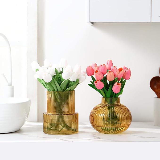 Ribbed Glass Vases, Set of 2 Fluted Vases for Flowers, Amber Glass Vase for Tulips, Modern Vase for Living Room, Kitchen, Office, Entryway, Mantle, Bookshelf, Wedding Gifts, Birthday