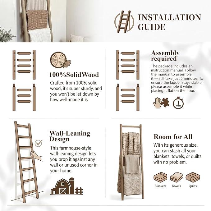 Wooden Blanket Ladder - 76in(7-Rung) Natural Wood Color- Leaning Wall Decor for Bedroom, Bathroom, Living Room - Rustic Quilt Holder (Brown (Knock Down), 76in(7-Rung) | Knock Down)