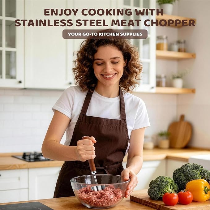 Stainless Steel Meat Chopper Masher, 6 Blade Ground Beef Chopper Potato Masher Tool with Wooden Handle, Hamburger Smasher, Multi-Use Kitchen Tool for Home Cooking, Heat Resistant (1 Pack)