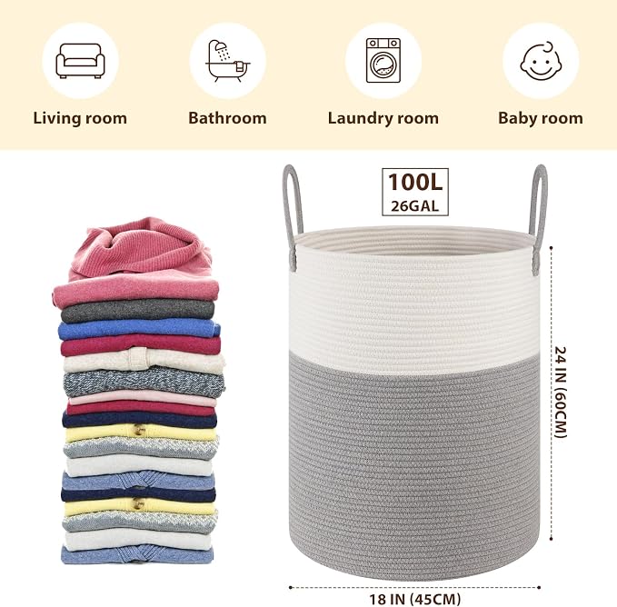 OIAHOMY Large Laundry Basket Hamper - 100L Cotton Rope Woven Basket for Blankets, Toys, Clothes - Tall Decorative Nursery Hamper with Long Handles, Grey/White