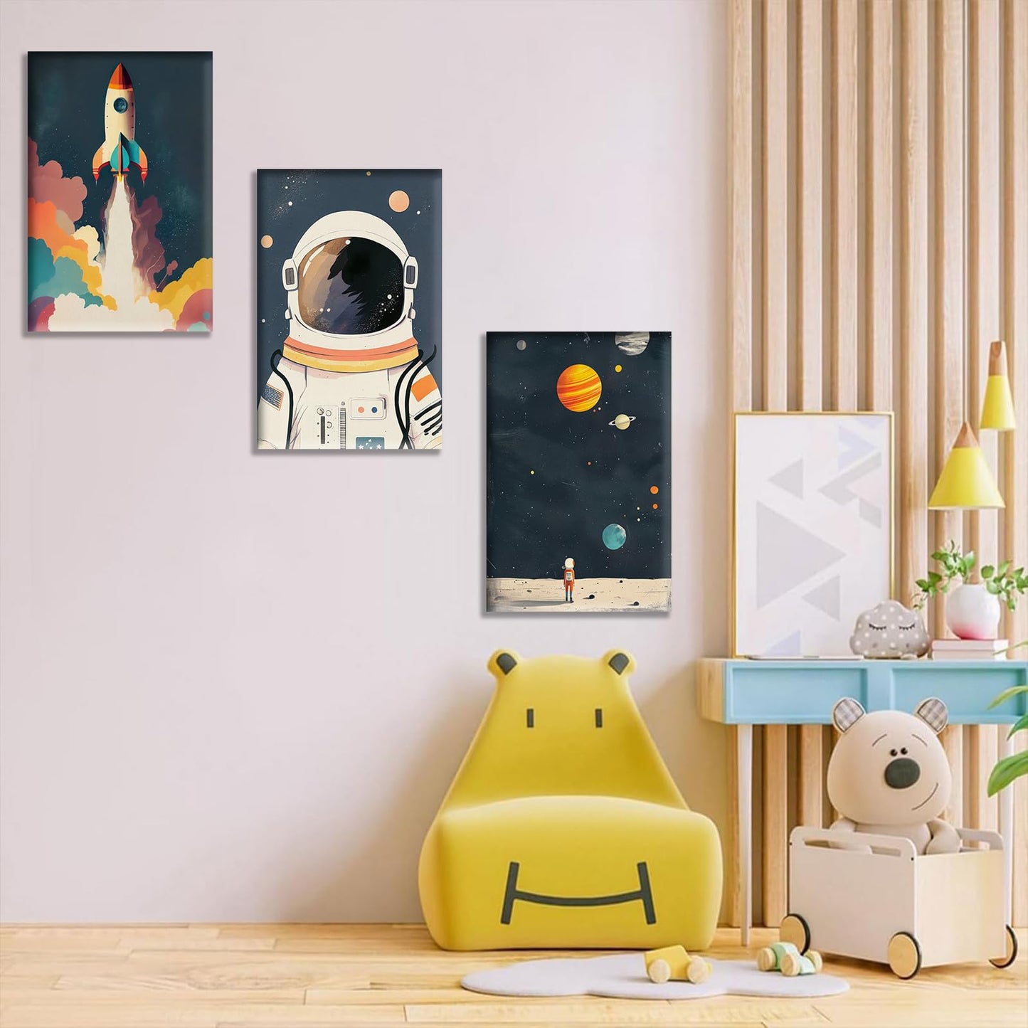 3Pcs Astronaut Wall art Nursery Space Adventure Posters Prints Rocketship Wall Decor Explore Dream Galaxy Canvas Prints Funny Planet Painting for Boys Girls Kids Bedroom Living Framed