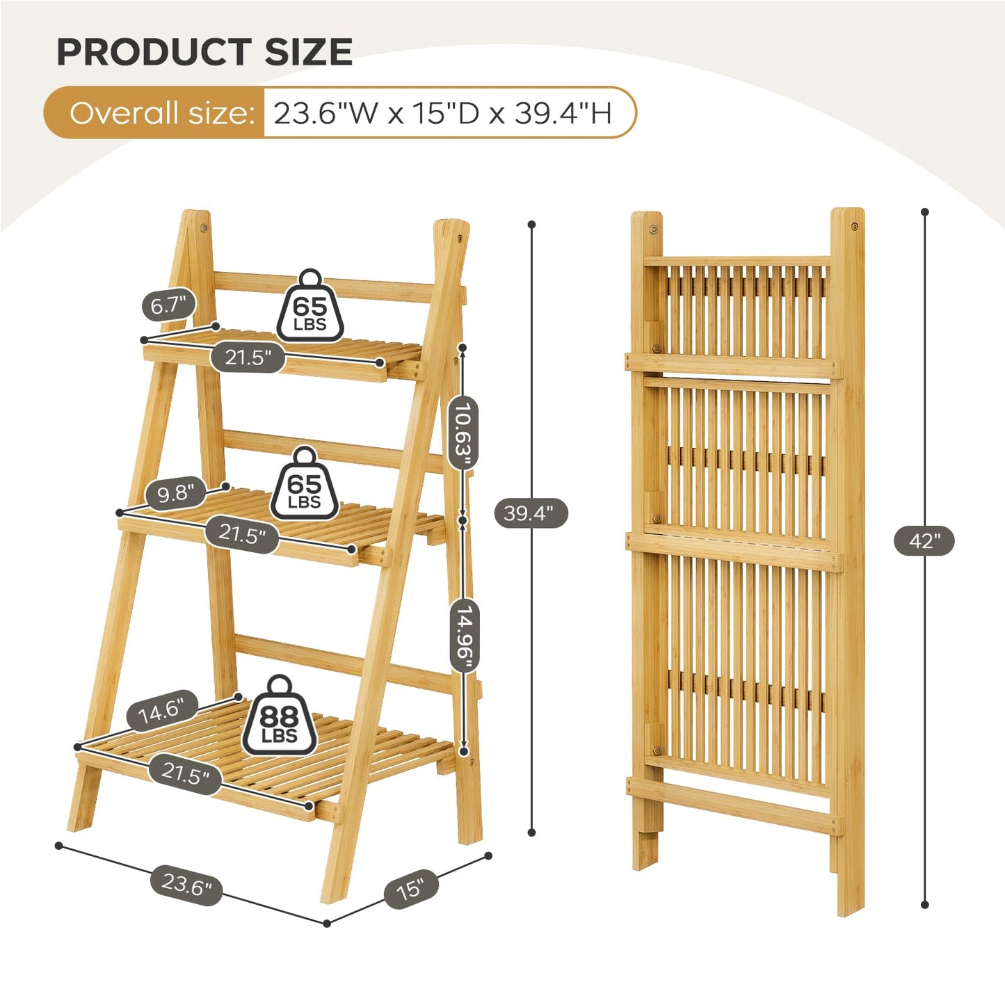 Foldable Ladder Shelf 39.4", Plant Shelf 3 Tier, Bamboo Ladder Flower Pot Display Shelf, Freestanding Ladder Bookshelf for Living Room, Balcony, Yard, Garden, 23.6"W x 15"D x 39.4"H, Natural