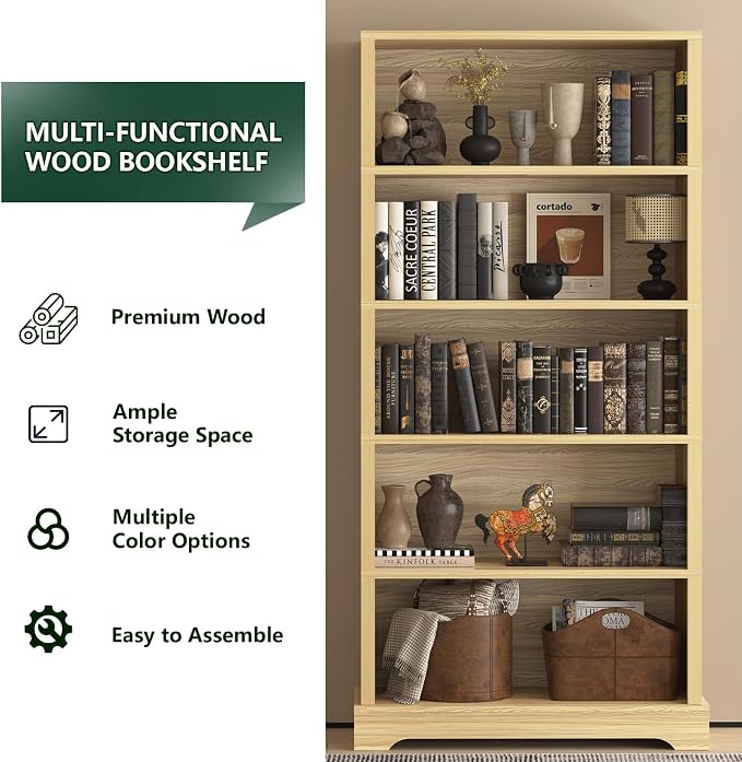 TVU 5-Tier Wooden Bookshelf, 65" Tall Farmhouse Style Open Bookcase, 31.5" W Standing Book Shelf with Storage, Suitable for Study, Living Room, Office, Natural Wood Color