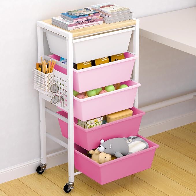 Rolling Cart with Drawers, Rolling Storage Cart with Large Plastic Drawers & Wooden Tabletop, Utility Cart with Pegboards & Basket, Storage Drawers Cart for Living Room, Classroom, Bedroom, Office