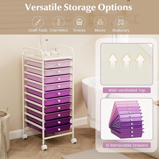 COSTWAY 10-Drawer Rolling Storage Cart, Utility Mobile Trolley with Removable Drawers & Universal Casters & 2 Brakes, Versatile Flexible Drawer Organizer Cart for Home, Office, Purple Gradient