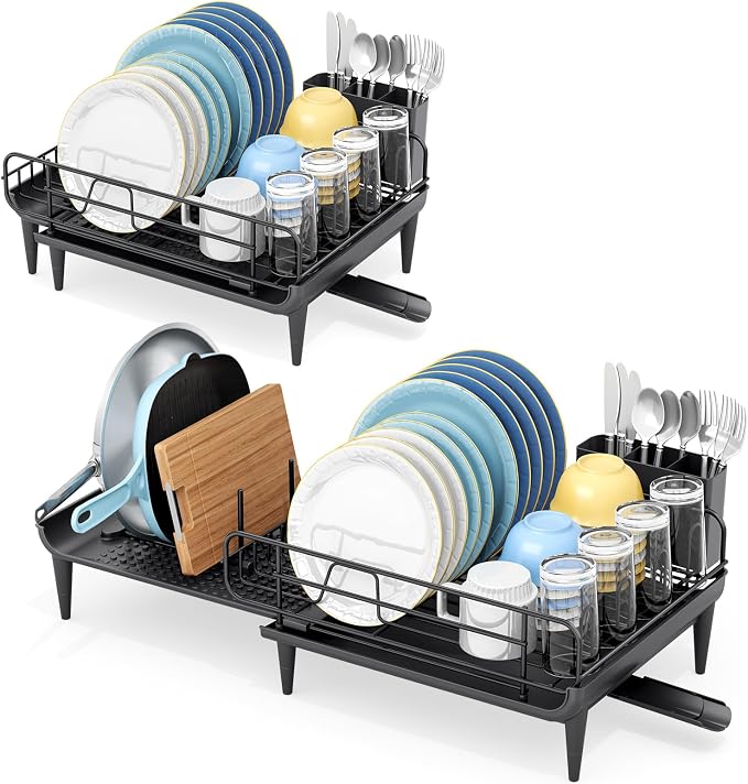 TOOLF Large Dish Drying Rack, Expandable Dish Rack for Kitchen Counter, Multifunctional Dish Drainer, Organization and Storage Essentials with Cup & Cutlery Holders, 16.7"-26.8" L x 12.6" W, Black