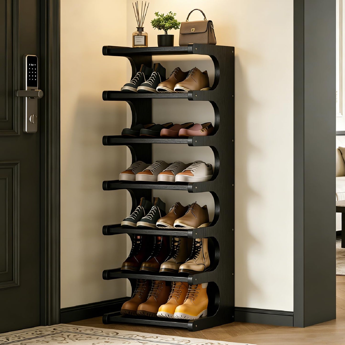 39" Bamboo Shoe Rack - Vertical Shoe Organizer Rack for Small Space, Narrow Shoe Tower for Closet, Entryway, Corner, Tall Shoe Shelf with Removable Shelves, Flexible Storage Shelf for Saving Space