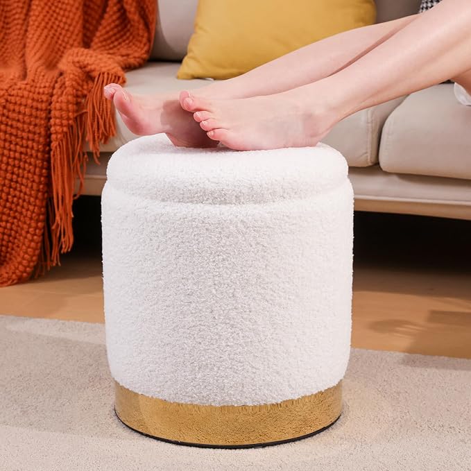 Round Ottoman with Storage Set of 2 Vanity Chair Small Ottoman Coffee Table, Foot Stool, Removable Lid, for Living Room, Bedroom, Hallway, Assembly Free (Sherpa White)
