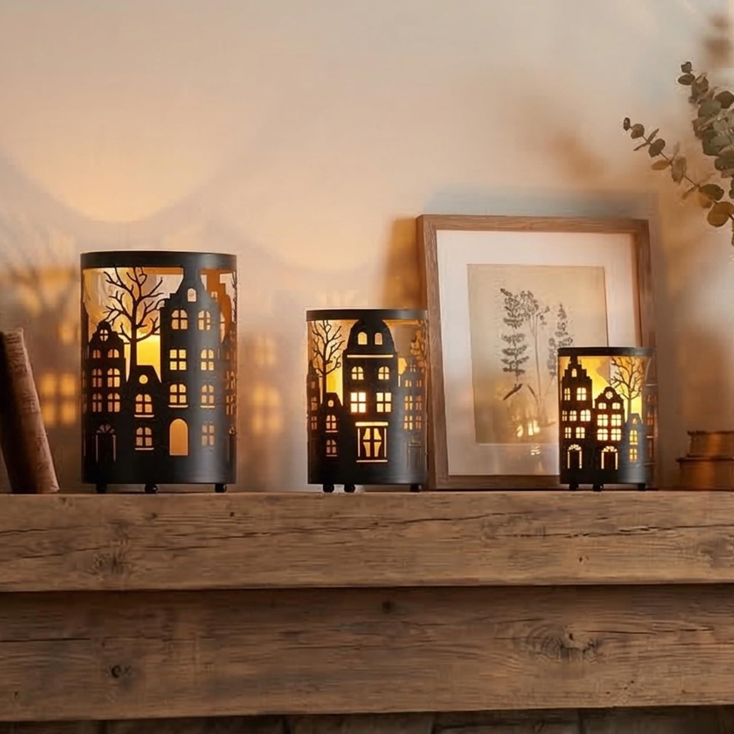 TRIROCKS Village Silhouette Candle Lantern 7.5" H Etched Bronze Metal Candle Holder Decorations for Living Room Tabletop Parties Patio Entryway Indoors Outdoors(3PCS)