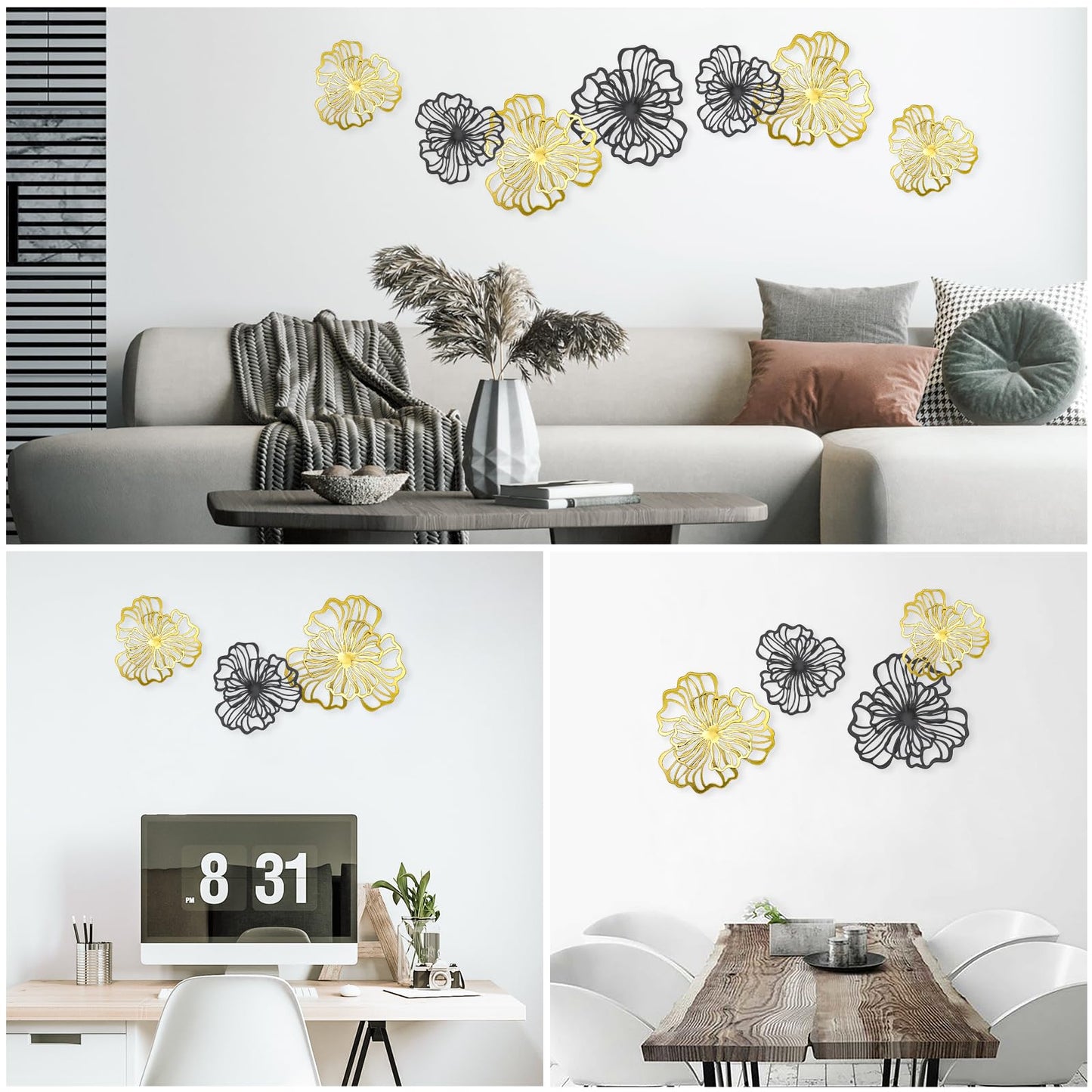 7 Piece Metal Wall Decor for Living Room, Boho Double Layered Iron Flower Wall Hanging Art, Aesthetic Indoor Metal Wall Sculpture Decor for Bedroom Kitchen Bathroom Farmhouse Home Office, Gold-Black