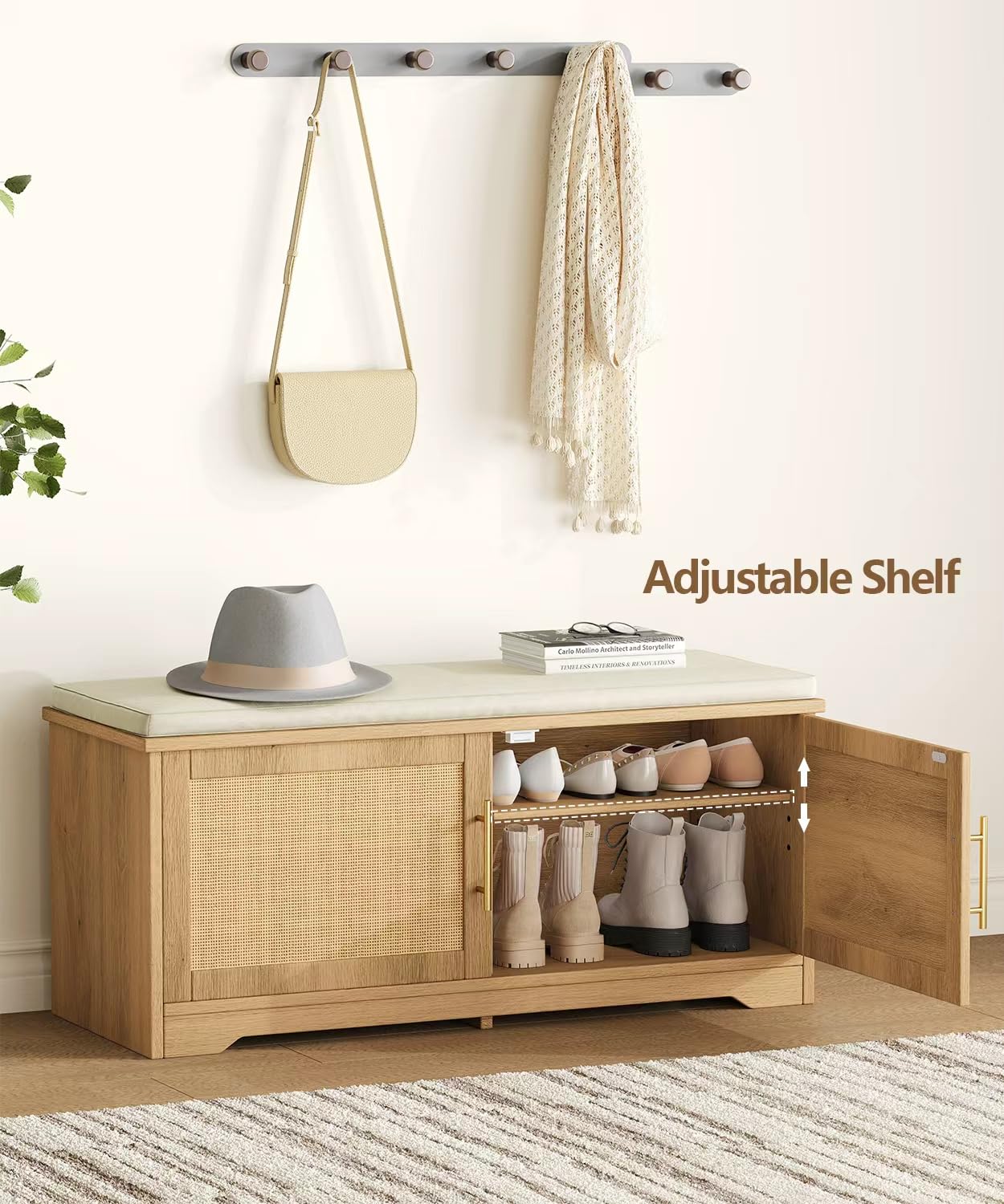 Zeibospri Rattan Shoe Storage Bench with Cushion, 39.4" Wide Entryway Bench with Adjustable Shelf, Hidden Shoe Organizer Cabinet, for Hallway, Living Room, Bedroom, Natural Oak