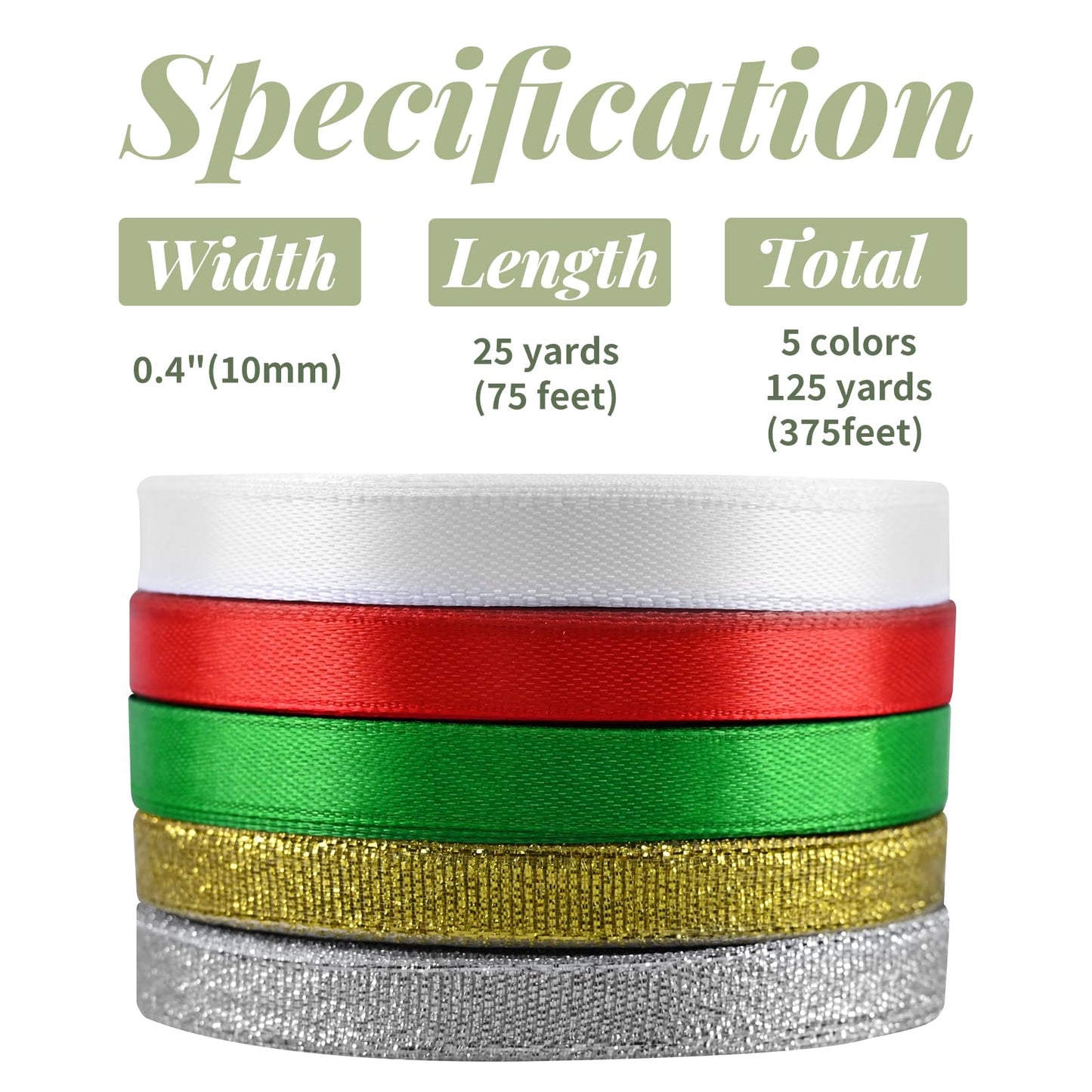 Showin 5 Rolls 125 Yards Christmas Ribbons, 10mm Wide Metallic Glitter Fabric Holiday Festival Satin Ribbons for Christmas Gift Wrapping Decoration