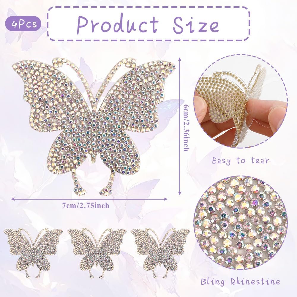 Butterfly Rhinestone Decals, 3PCS Crystal Bling Glitter Diamond Stickers with Self-Adhesive Backing for Christmas Decor Cars Window Gift Box Clothing Hats