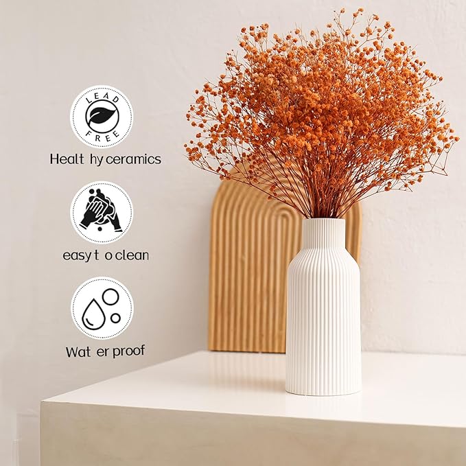Bohemian White Ceramic Vase - for Pampas Grass, Mantel, Bookshelf, Entryway and Living Room Decor (White, 7in)