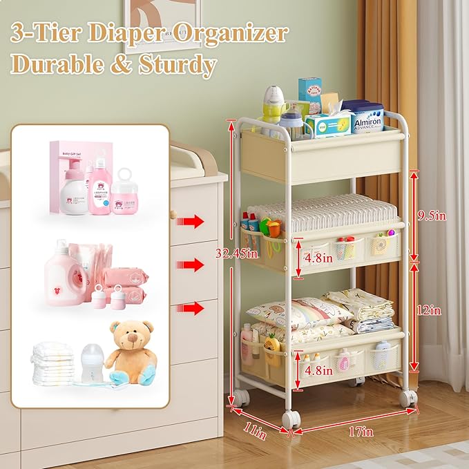 3-Tier Baby Diaper Caddy Cart Organizer,Mobile Nursery Storage Carts with Wheels,With 2 Dividers&14 Mesh Pockets Durable Metal Utility Cart for Nursery, Bedroom, Bathroom, Baby Essentials Organization