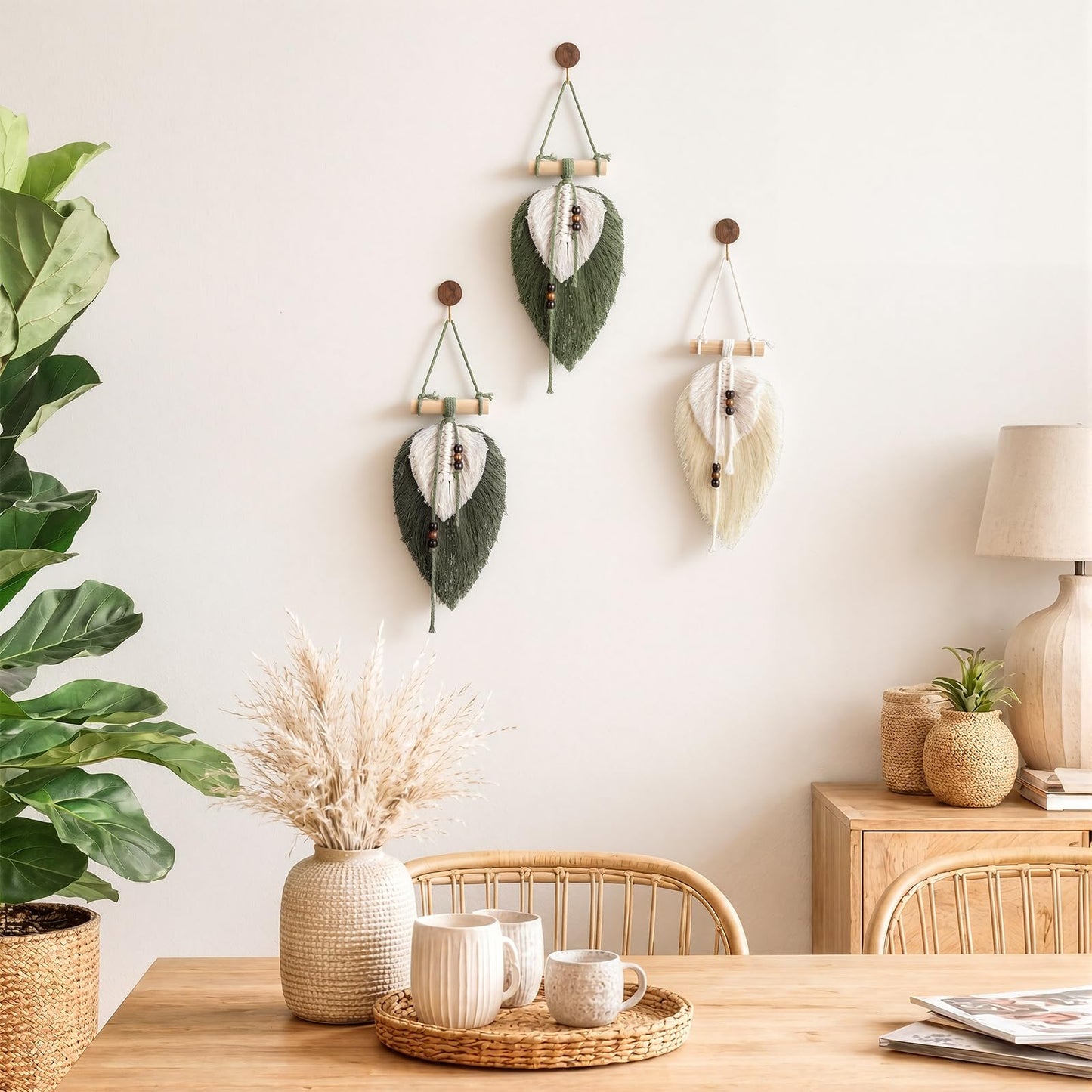 Hoteam 3 Pcs Leaf Tassel Macrame Wall Hanging Handmade Bohemian Sage Green Leaf Wall Tapestry Wooden Bead Hanging Ornament for Nursery Bedroom Living Room Apartment Home Backdrop