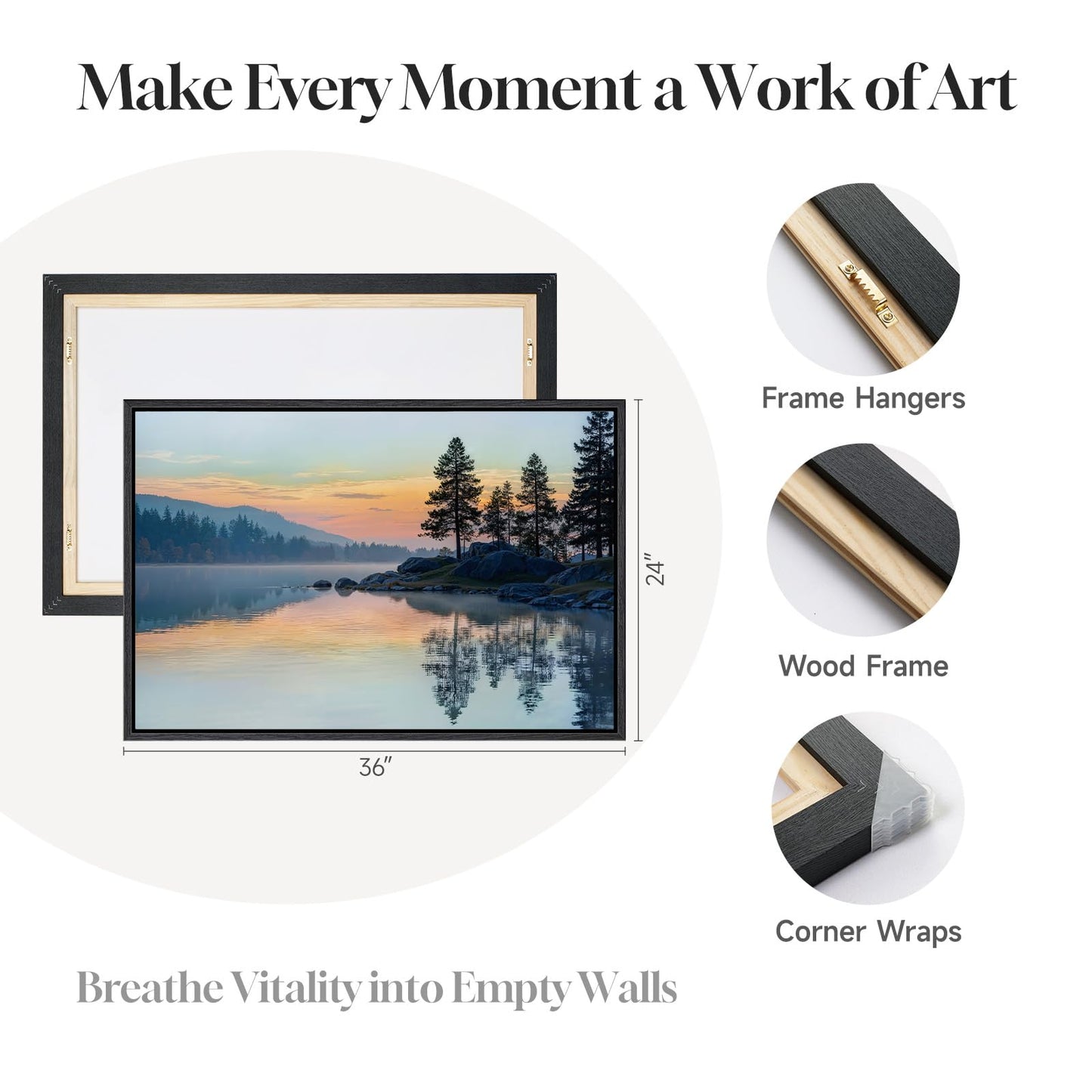 Framed Nature Lake Landscape Wall Art, Horizontal Sunset Canvas Artwork for Walls, Peaceful Scenery Photography Print, Scenic Picture for Living Room Bedroom Office Dining Room Wall Decor, 24x36 Inch