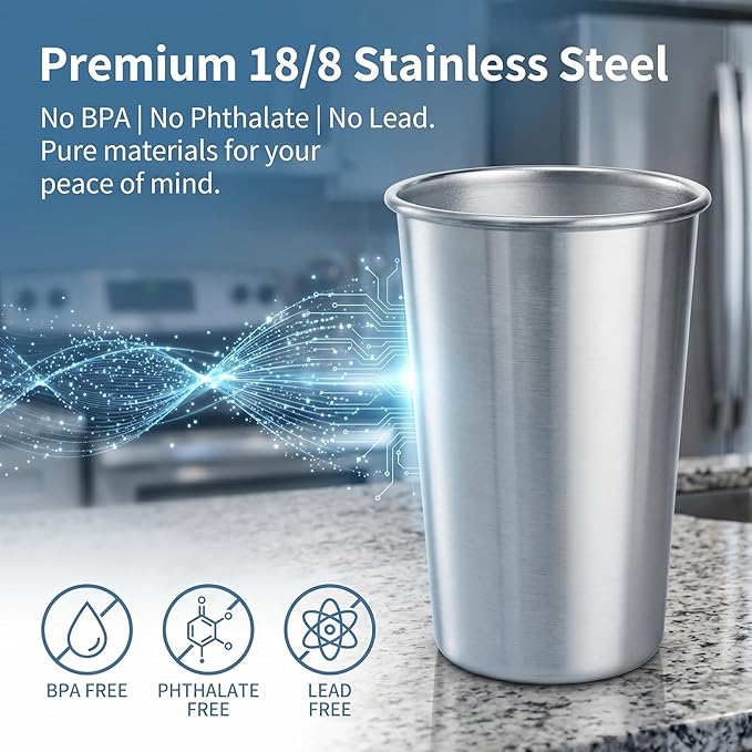 Tosnail 6 Pack Stainless Steel Pint Cups, 16 oz Metal Cups Unbreakable Drinking Glasses Water Tumblers for Kids, Adults Indoor and Outdoor Use, Silver
