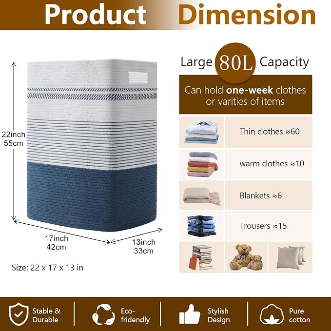 80L Large Cotton Rope Laundry Basket for Bedroom & Laundry Room, Tall Clothes Hamper with Sturdy Handles, Neutral Storage Bin Capable of Holding Blankets and Toys