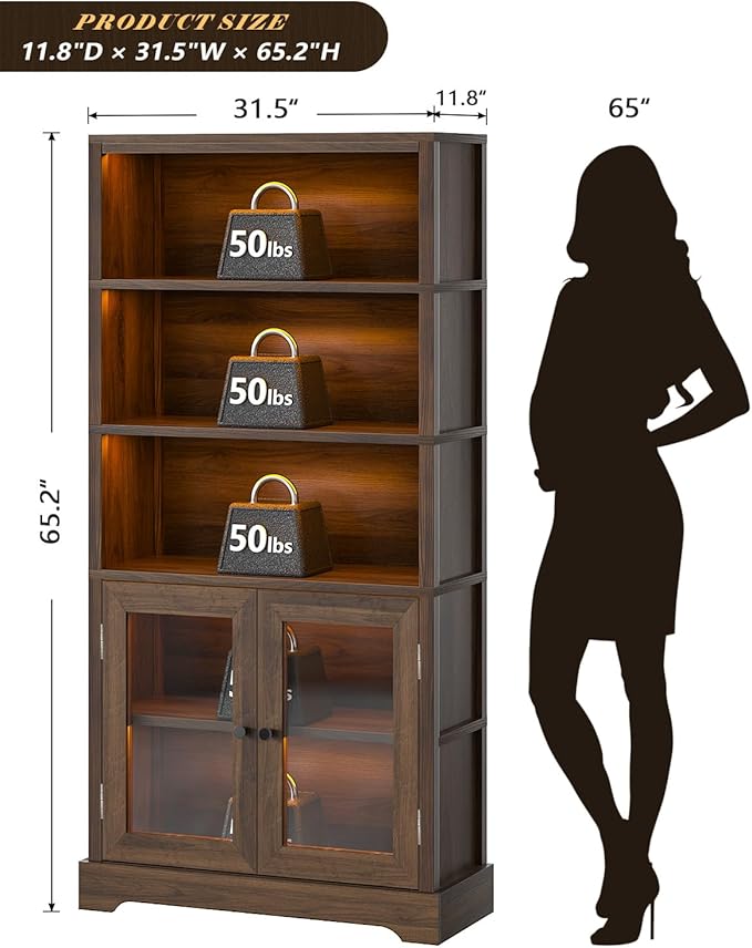 TVU 5-Tier Bookshelf, 65" Bookshelf with Multi-Color Ambient Lights (APP Remote Control), Tall Display Shelf with Cabinet Doors, Suitable for Living Room, Bedroom, Study, Office, Rustic Brown