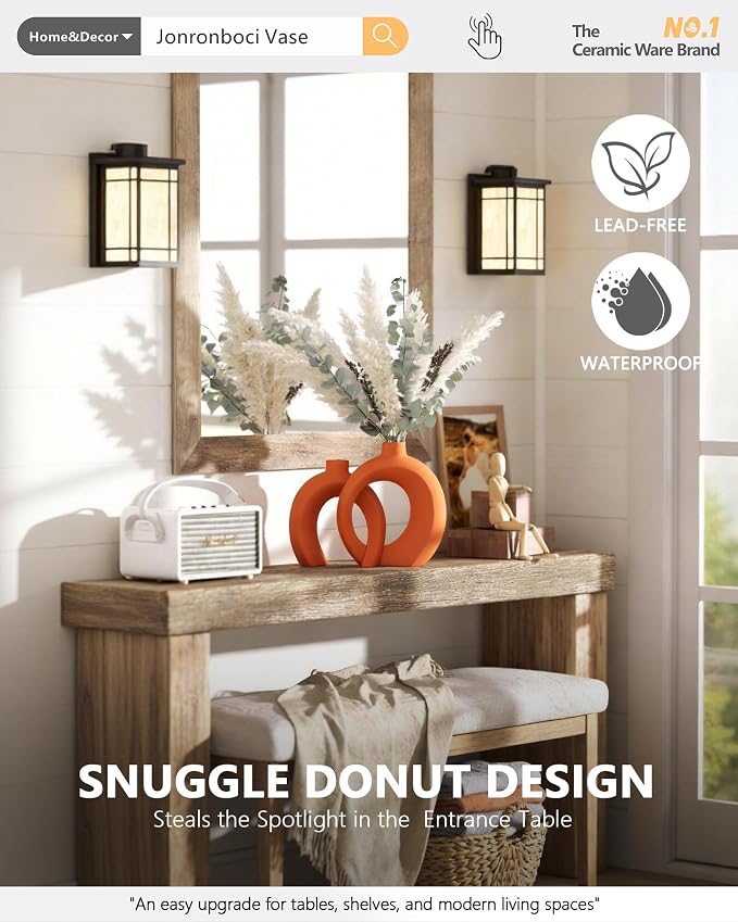 Set of 2 Orange Ceramic Vases for Home Decor Accents - Unique Hollow Donut Artistic Design Mid-Century Modern Eclectic Fall Style Decorative Vases for Shelf, Mantel, Entryway Table Decor(Matte Orange)