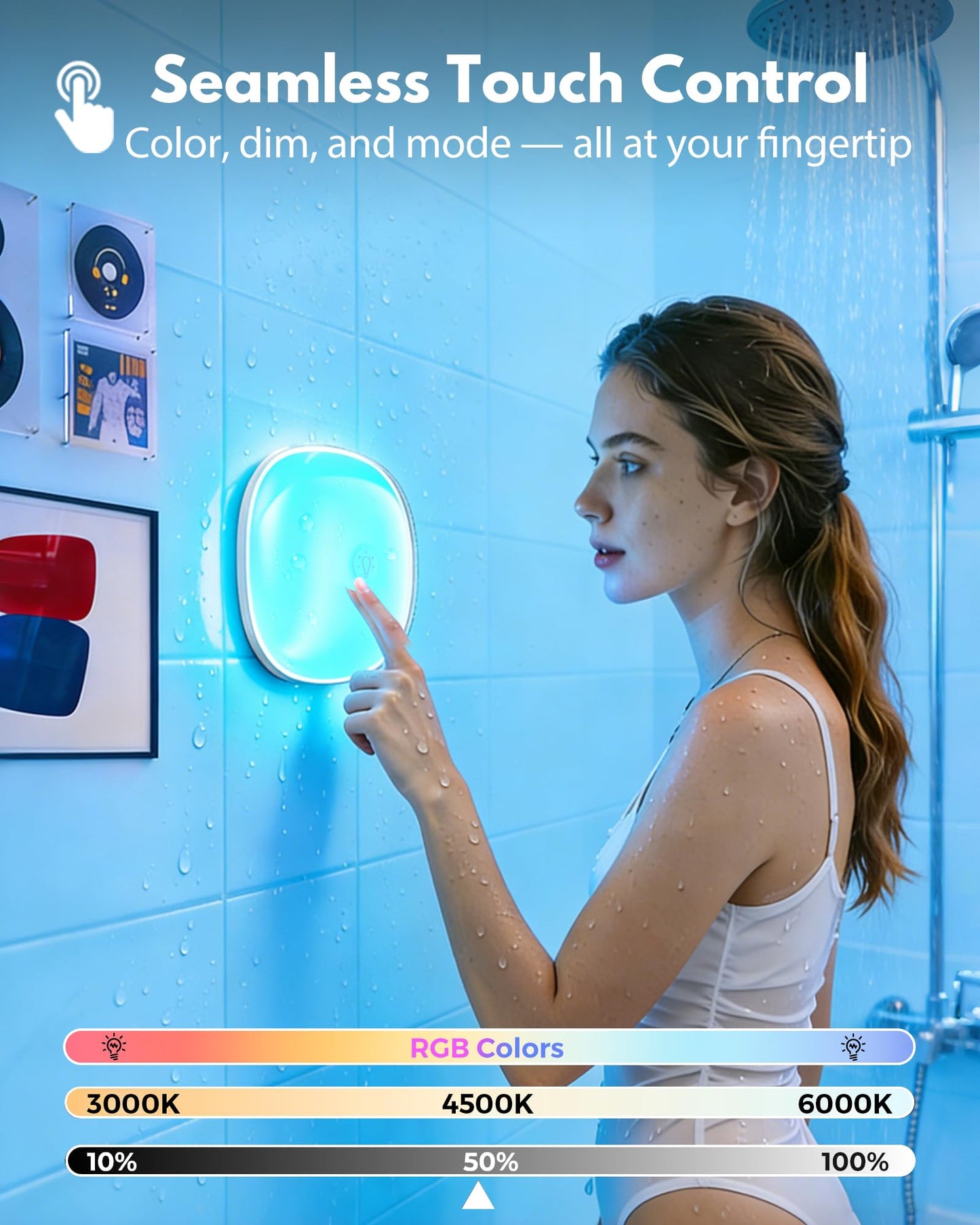 Gotopceed IP65 Waterproof Rechargeable Shower Light - 6″ 300LM Bright, 16 Colors Bathroom Mood Lighting with Touch & Remote, Magnetic Wireless Ceiling/Wall Light for Inside Shower/Bathtub