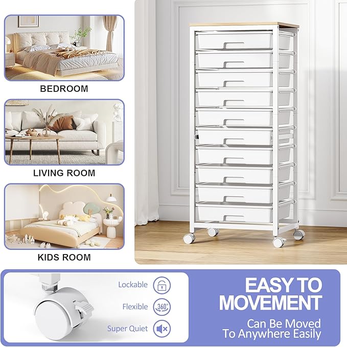 SYKIARIOL Rolling Cart with Drawers,10 Drawer Rolling Cart,Storage Cart with Wheels,Utility Cart with Drawers,Teacher Cart for Classroom Storage,Craft Cart with Wheels and Wooden Tabletop,White