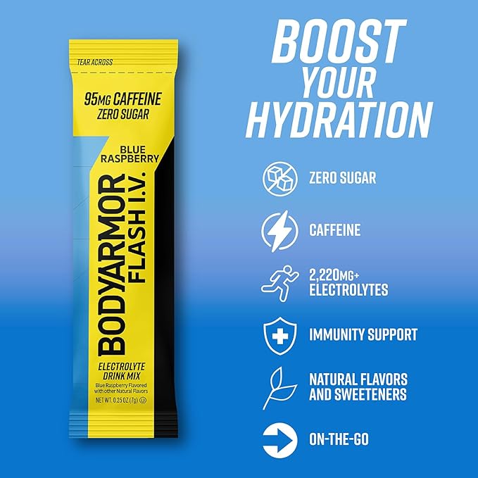 BODYARMOR Caffeinated Flash I.V. Electrolyte Packets Blue Raspberry - Zero Sugar Energy Drink Mix, Single Serve Packs, Hydration for Pre Workout, Travel Essentials, Active Lifestyle (6 Count)