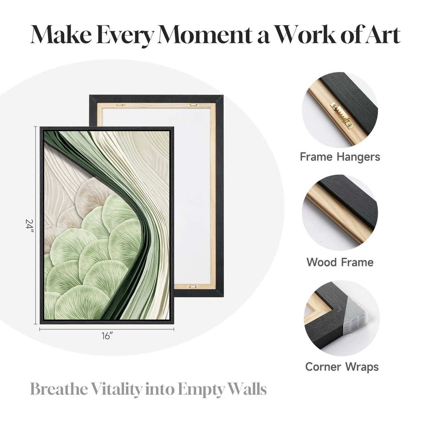 Framed Green Abstract Wall Art Bedroom, 3 Piece Botanical Modern Minimalist Canvas Print Artwork for Walls, Leaf Paintings Pictures for Small Living Room Dining Room Office Wall Art Decor, 16x24 Inch